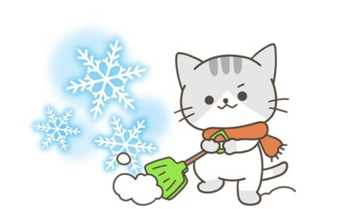 雪かきをするかわいい猫のイラスト