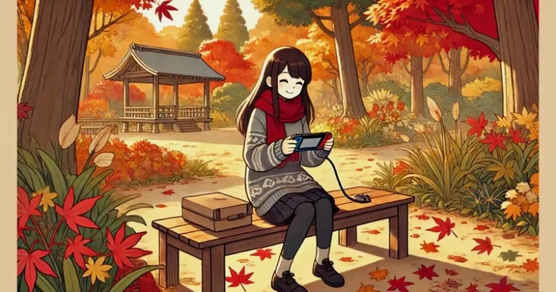 イメージ画像：紅葉の中でSteamゲームを遊ぶ少女