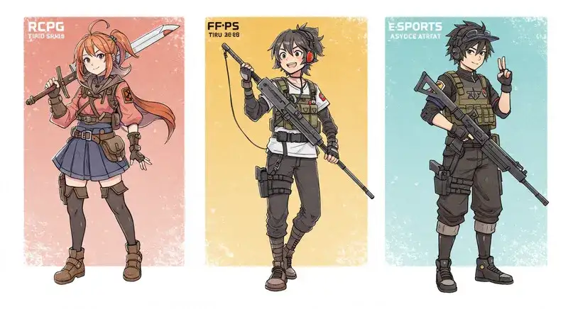 RPG、FPS、eスポーツを表す3つのセクション キャラクターは各ジャンルに合わせて外観と装備