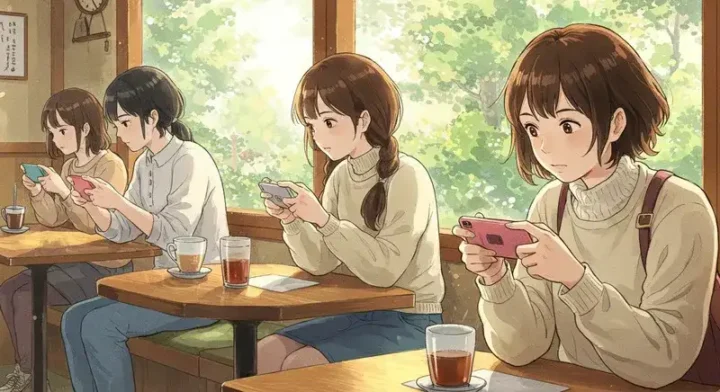 カフェでスマホを操作する若者たち