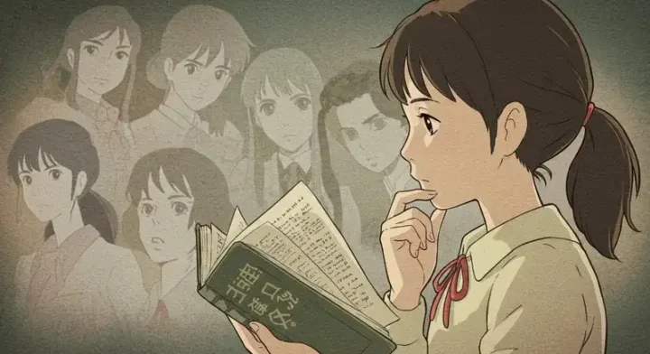 辞書を開く少女とアイドルの影