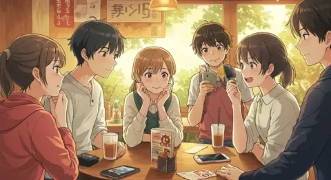 カフェで語り合うファンたち