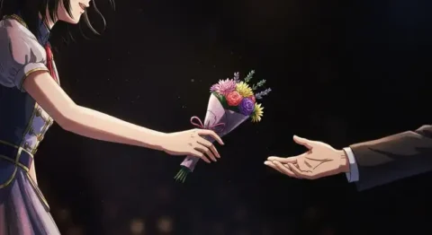 花束を差し出すアイドルの姿