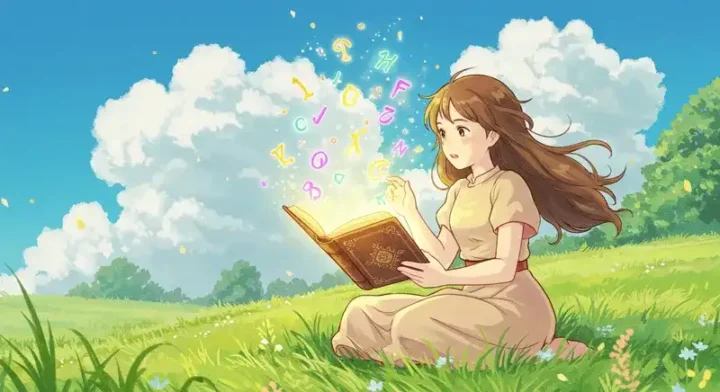 空中に浮かぶ文字を見上げる子ども