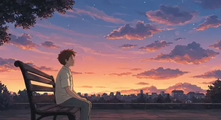 夕暮れの公園で空を見上げる男性