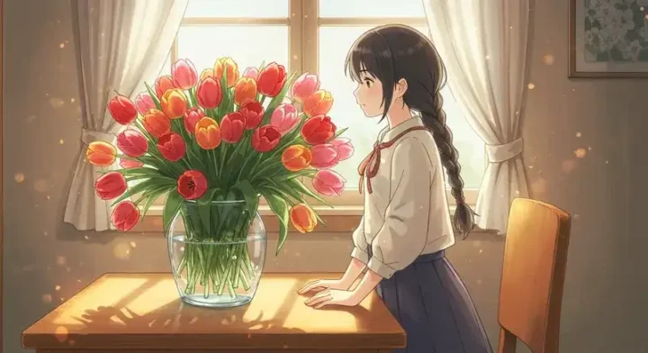 チューリップの花束と少女