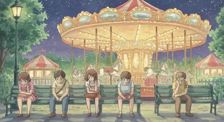メリーゴーランドを見つめる人々