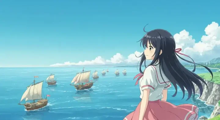 航行しているのを笑顔で見守る娘