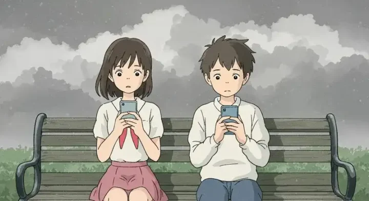 スマホを見ながらうつむく男女のファンたち