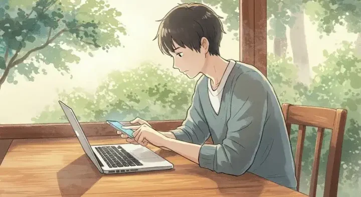 カフェでスマホとPCを使う人物