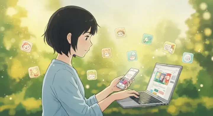 スマホとPCを同時に使う人物