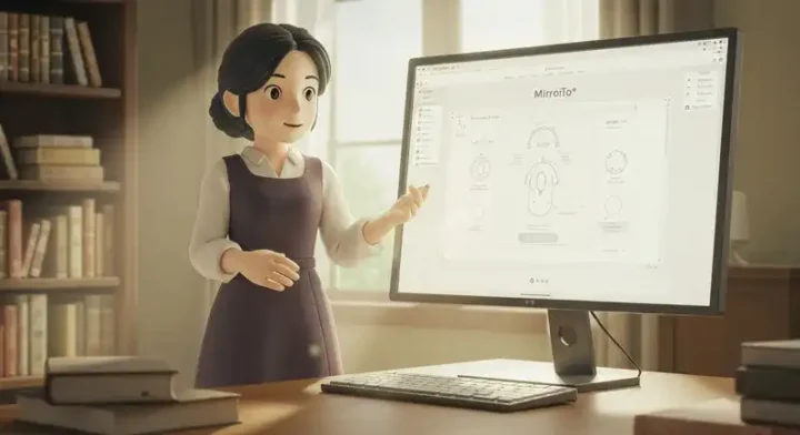 MirrorToをガイドする人物とPC画面