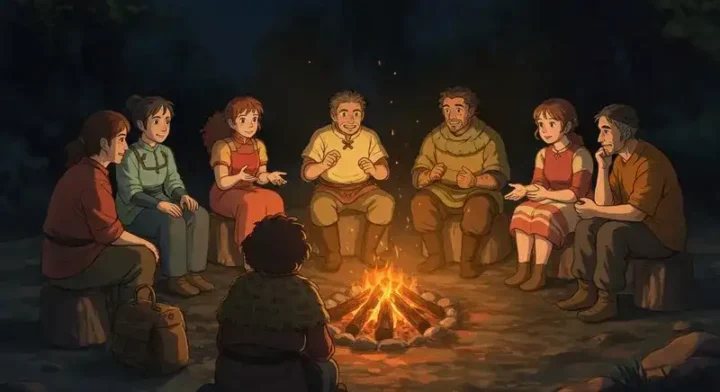 焚き火を囲む人々の輪