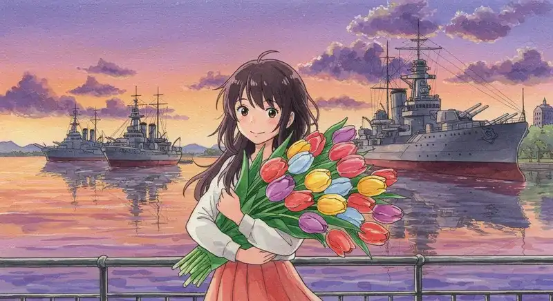 港で花束を持つ艦娘