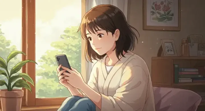 スマホを見て安堵する女性