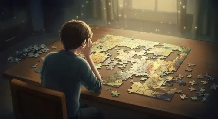 ジグソーパズルと悩む人物