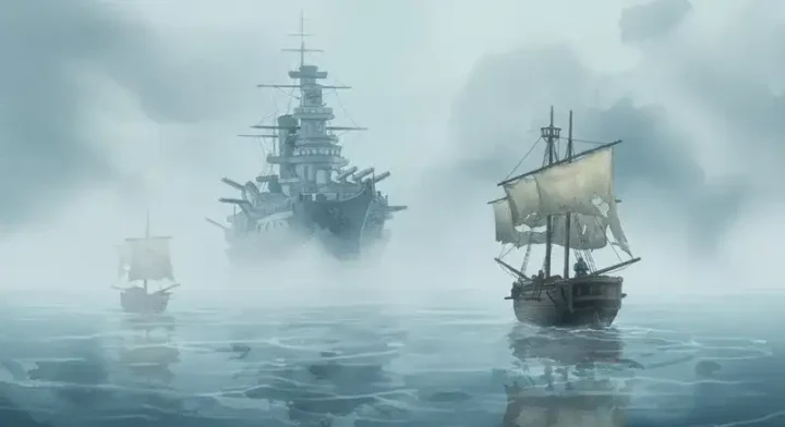 霧の中の巨大な敵艦と小さな艦船