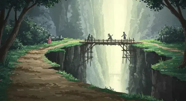 修復中の橋と遠くに差す光