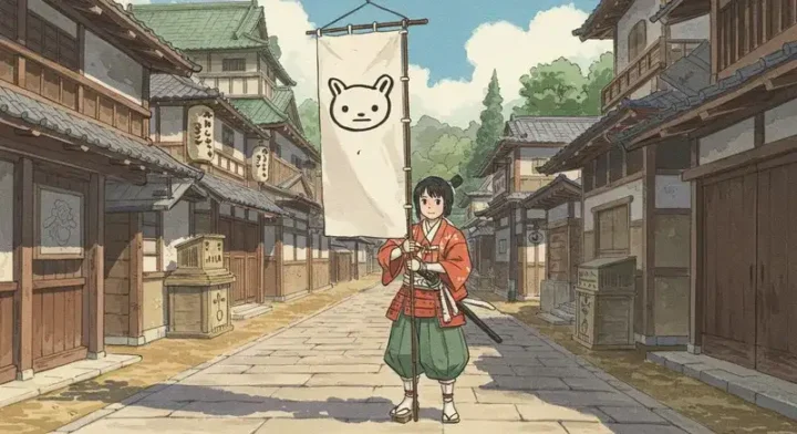 ユニークな旗を持つ侍