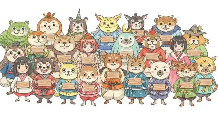 名前札を持って並ぶキャラたち
