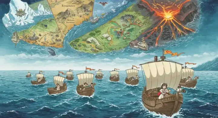 複数の海域へ向かう艦隊