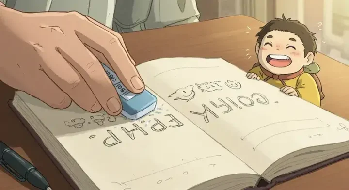 名前を見直して書き直すシーン