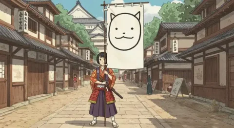 ユニークな旗を持つ侍