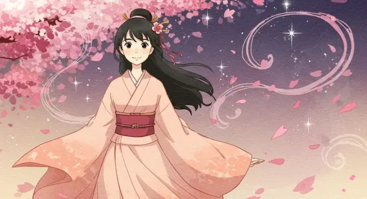 花と星を背景にしたエレガントな女性キャラ