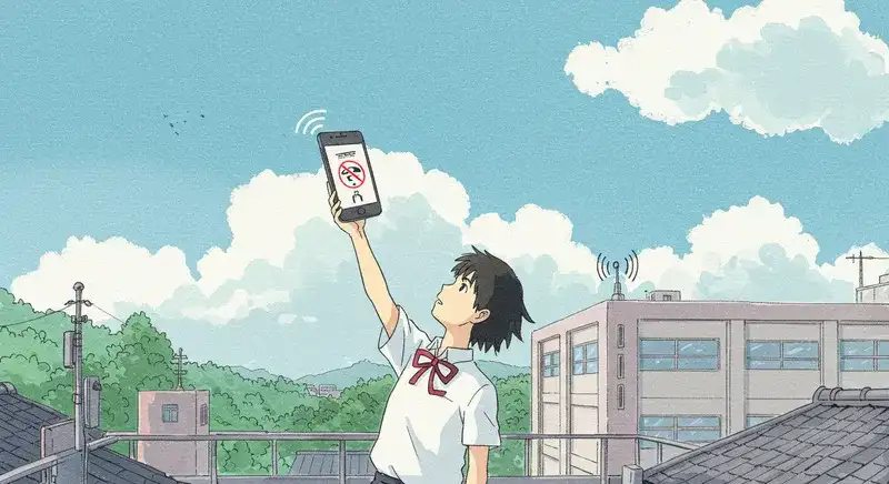 屋上で電波を探す学生