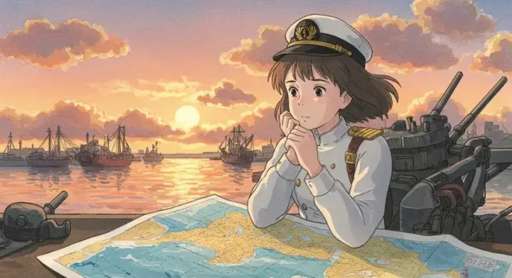 海図を見て作戦を立てる少女指揮官