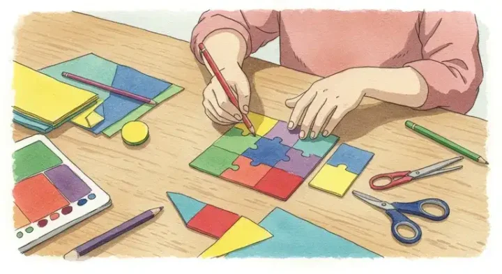 パズルを手作りする親子の手元