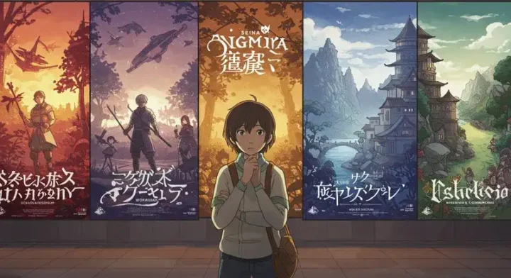 ゲームポスターを見比べる若者