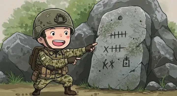 石板を指差して笑う兵士