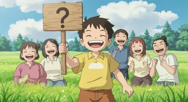 名前で笑い合うキャラたちの草原の風景