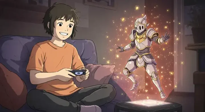 ゲームキャラに名前をつけ満足げな若者