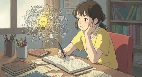 机で名前のアイデアを練る少女