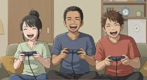 ゲームを楽しむ笑顔のキャラたち