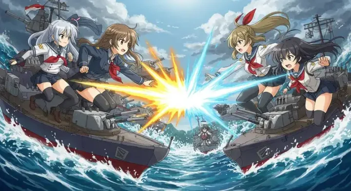 演習で戦う艦隊同士の激突
