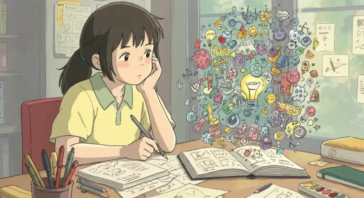 机で名前のアイデアを練る少女