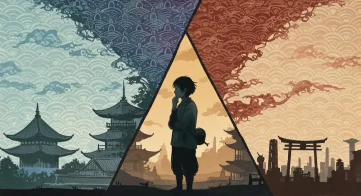 3つの背景の前で名前を考える人物