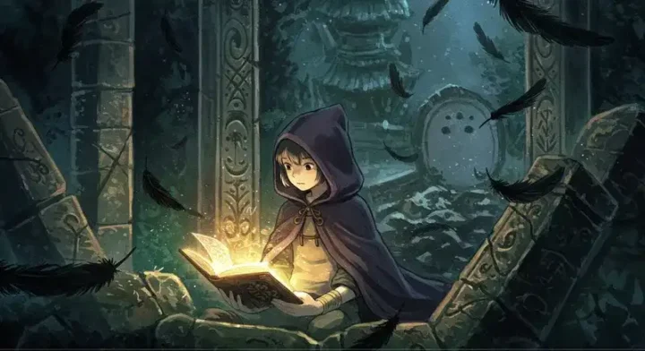 神殿で魔法書を開くローブの少女
