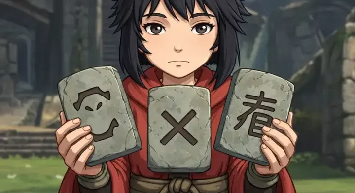 3種の文字の石板を持つ人物