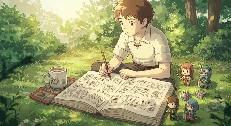 ノートに向かって名前を考える若者