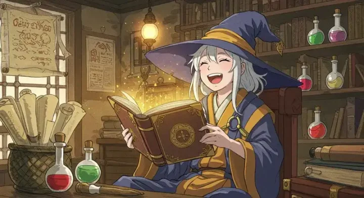 魔法書を見て笑う魔法使い
