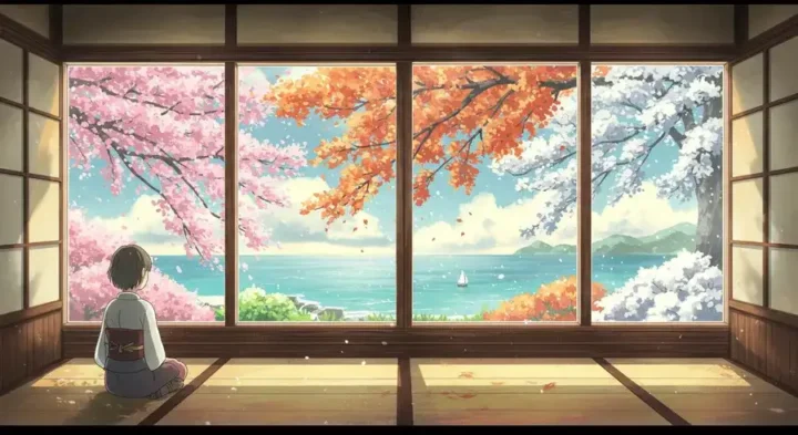 ) 窓から四季の風景を眺める人