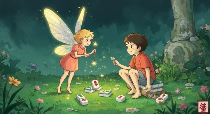 妖精が、困っている少年の手元にある麻雀牌を魔法で光らせています