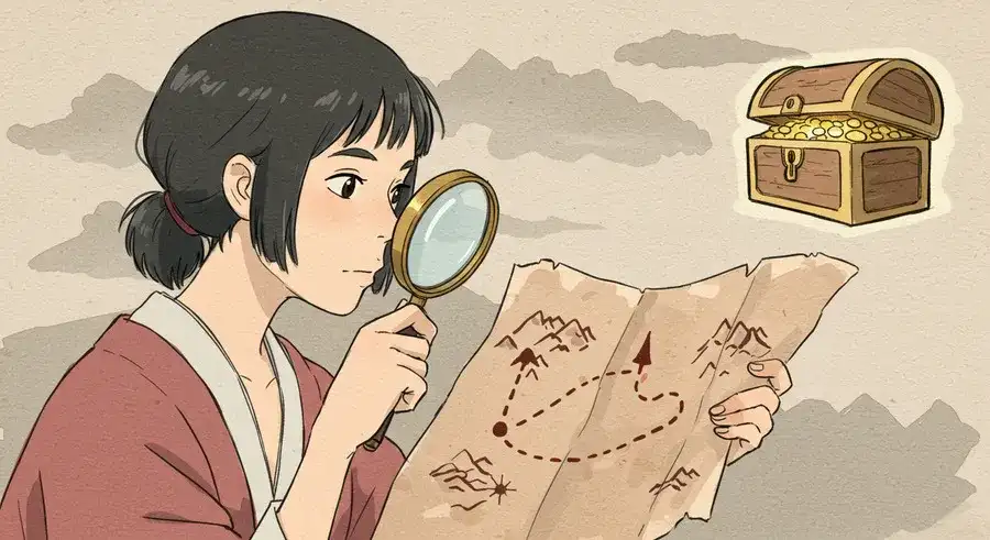 宝の地図を虫眼鏡で見る人