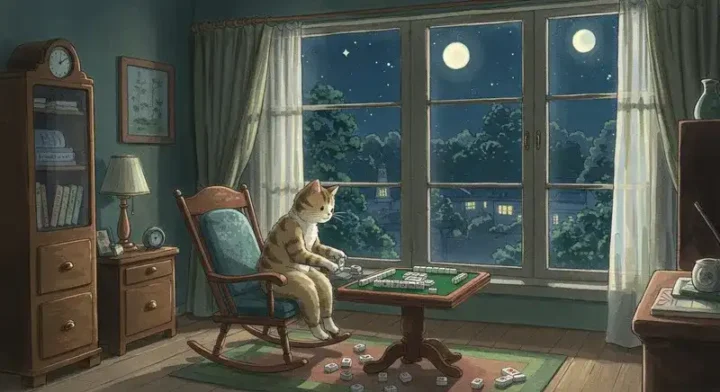 一人用無料麻雀ゲームで、猫が一人で練習している