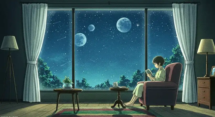 幻想的な夜空を眺め、物語に浸る人物