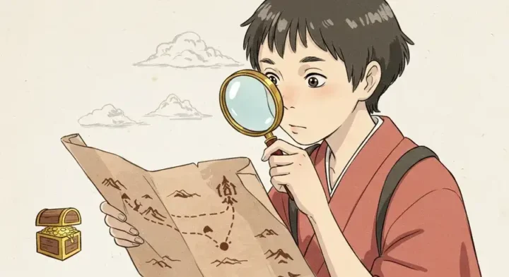 宝の地図を虫眼鏡で見る人